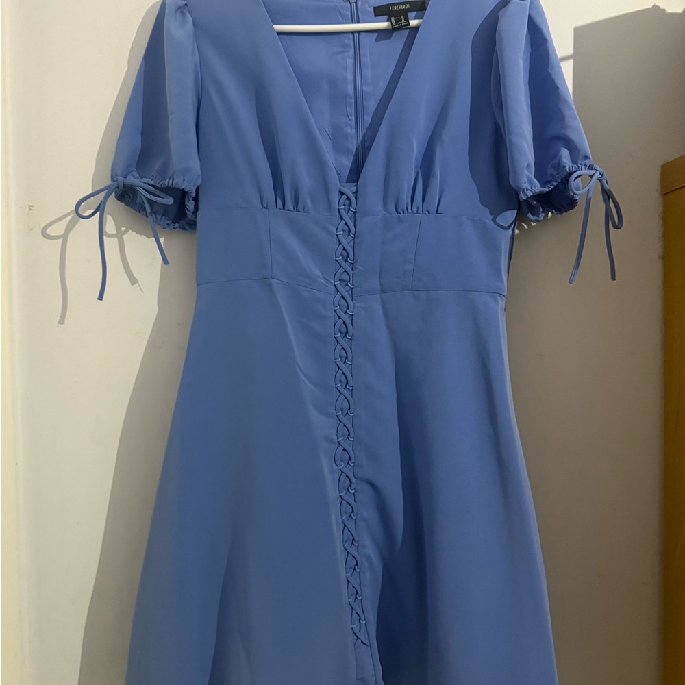 Forever 21 Blue Puff Sleeve Tie Front Mini Dress